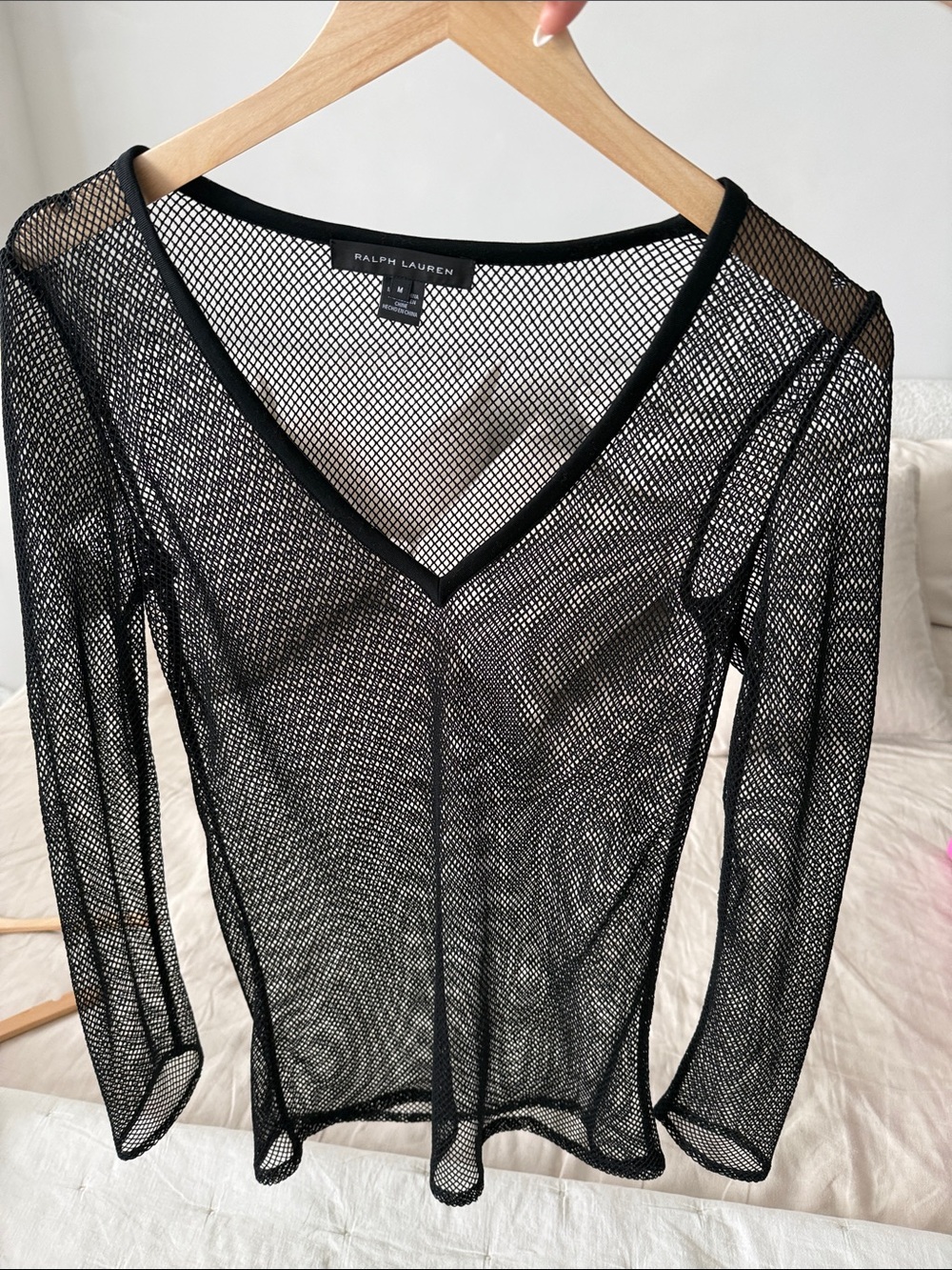 Ralph Lauren Black Sheer Mesh V-Neck Top
